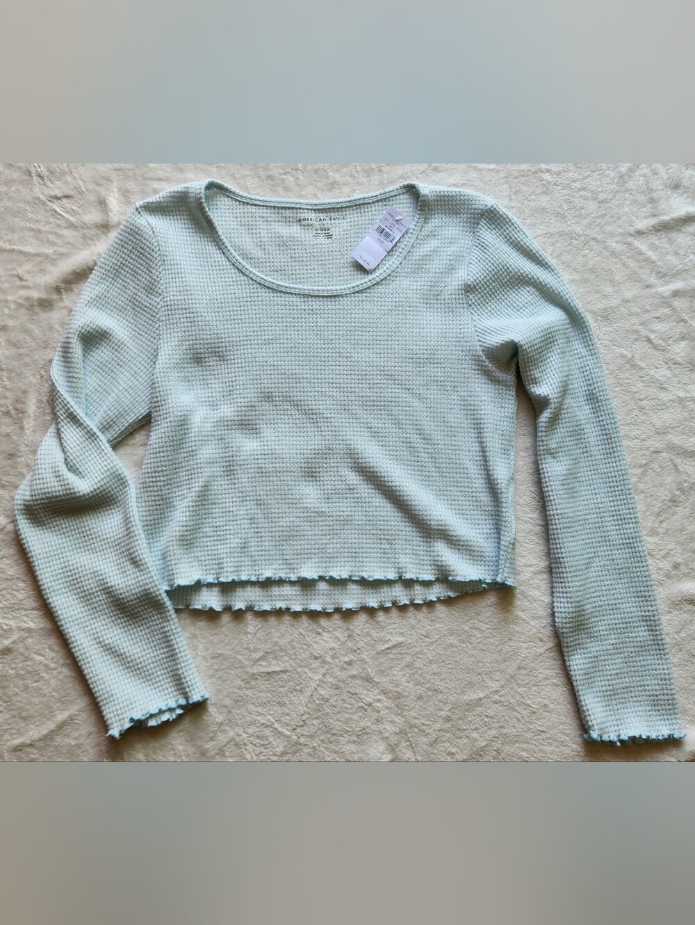 NWT American Eagle Outfitters Light Blue Waffle-Knit Long Sleeve Crop Top